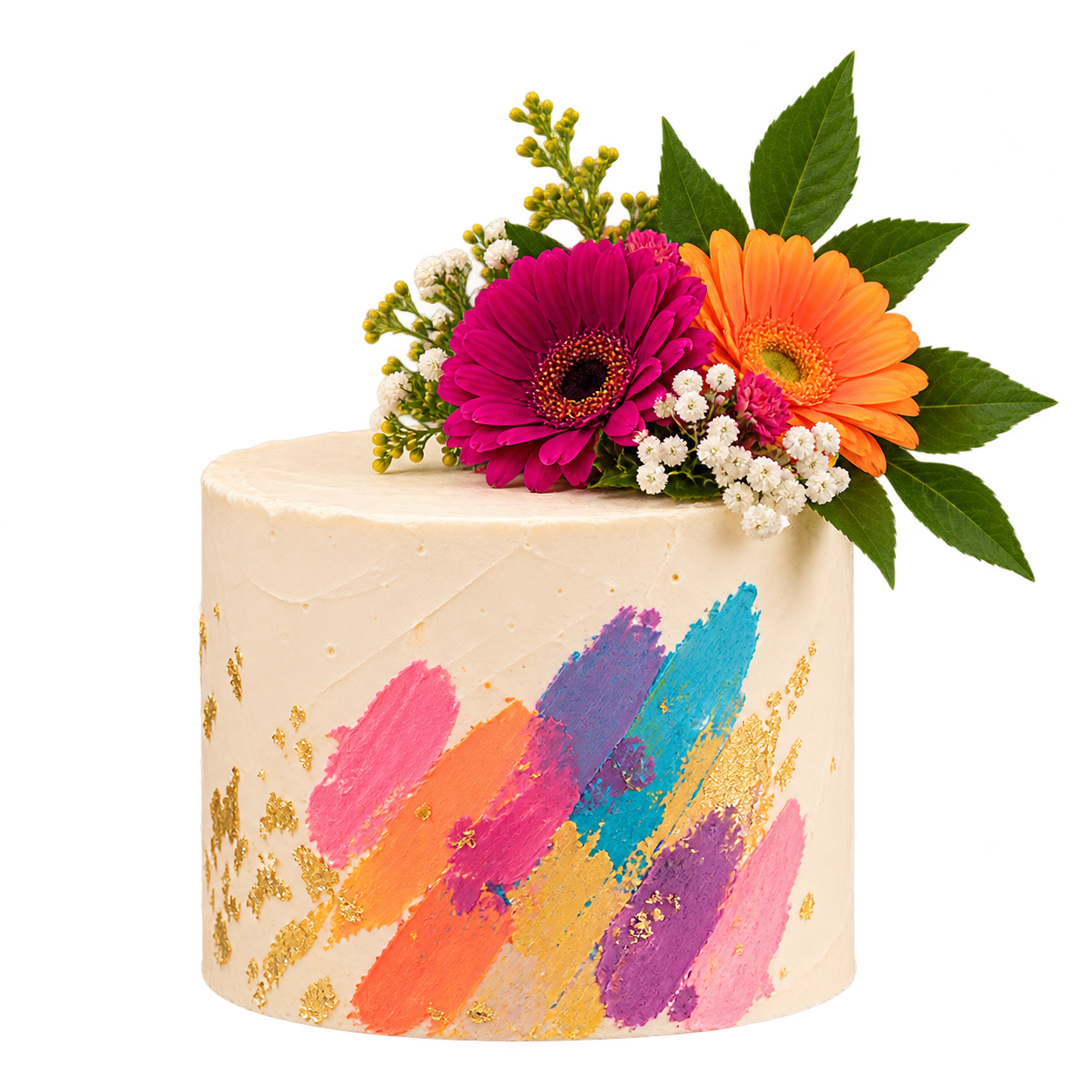 Colorfully decorated cake with a bright floral topper
