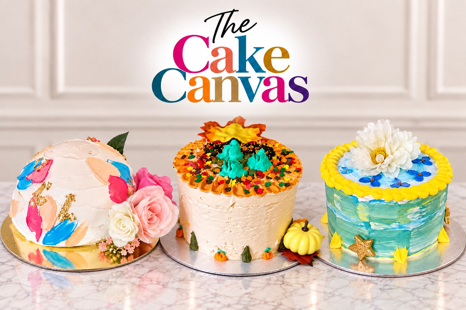 Three colorful cakes created by The Cake Canvas