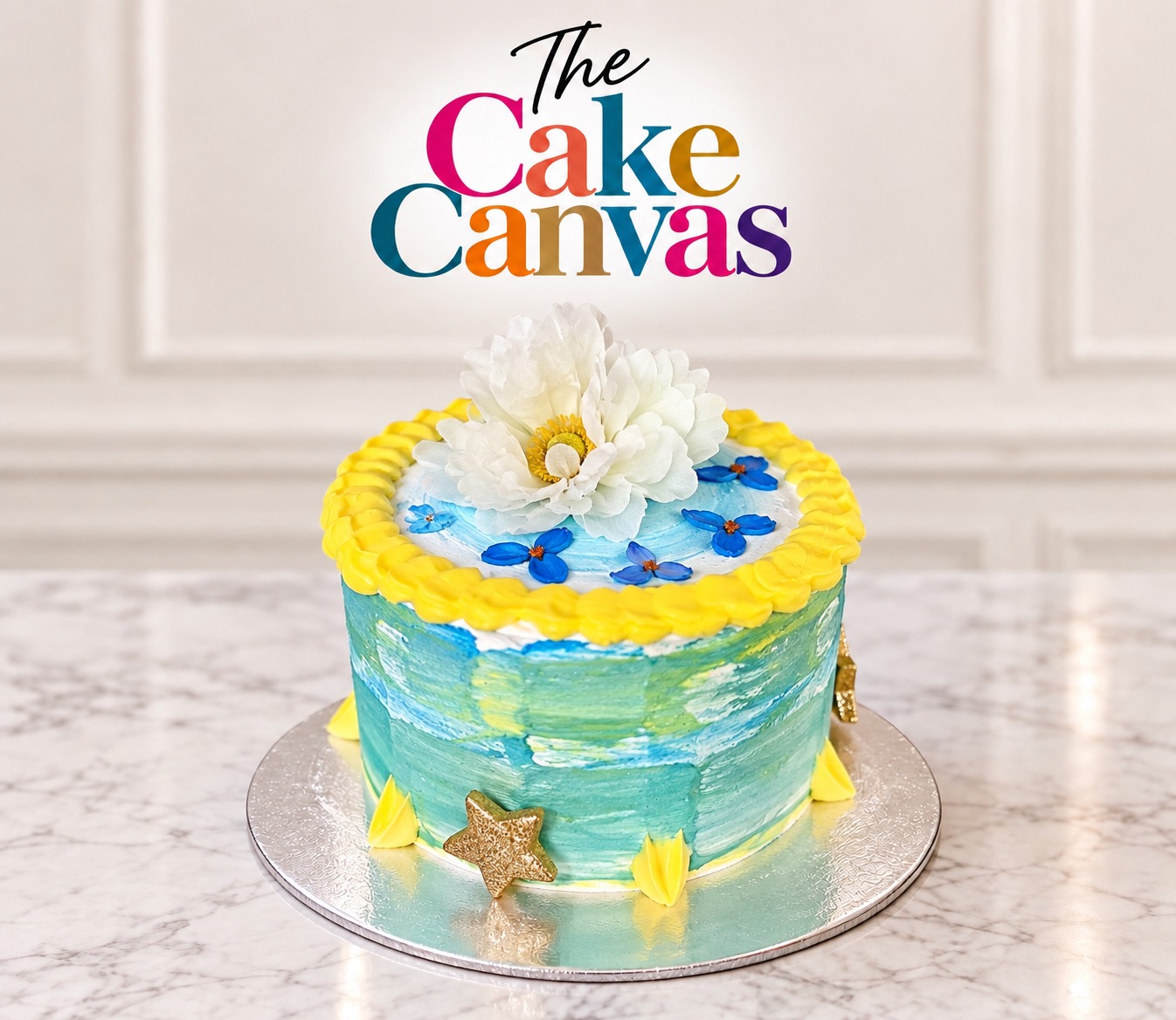 Blue and yellow textured floral cake by The Cake Canvas